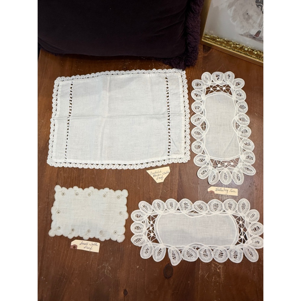 Vintage Battenberg Lace and Crocheted Linen Table Scarf Doily Set 4pc White
